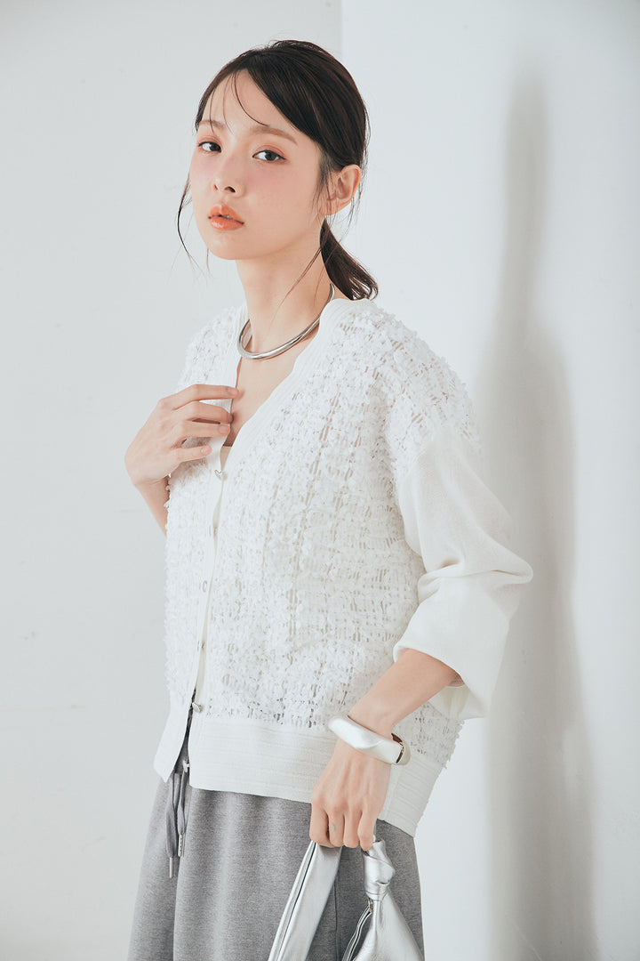 [SET]モコレースVネックカーディガン+カットダンボールウエストフリルカーブパンツ(2set)