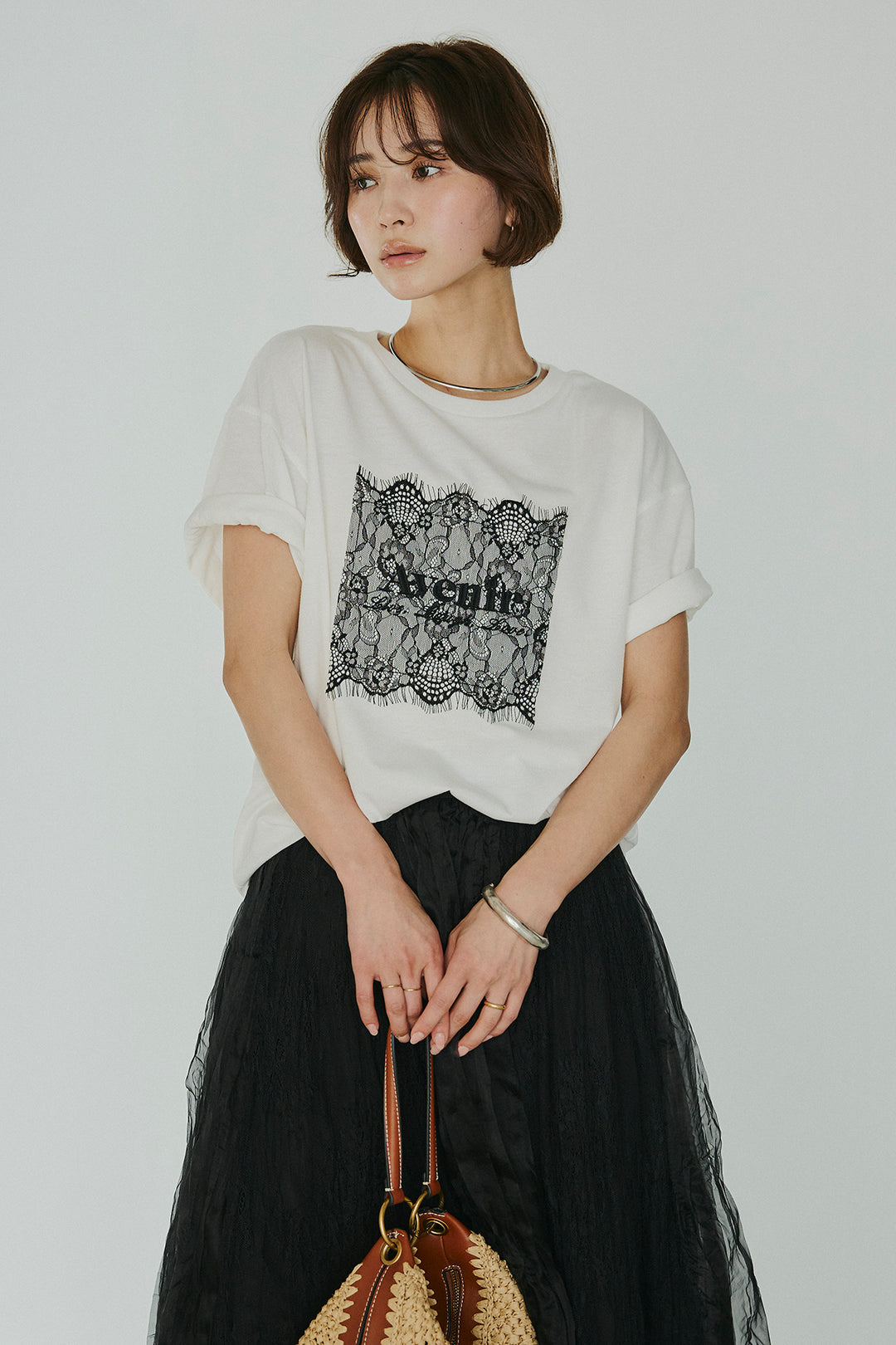 [SET]レースロゴ刺繍Tシャツ+レースコンビワッシャーギャザースカート(2set)