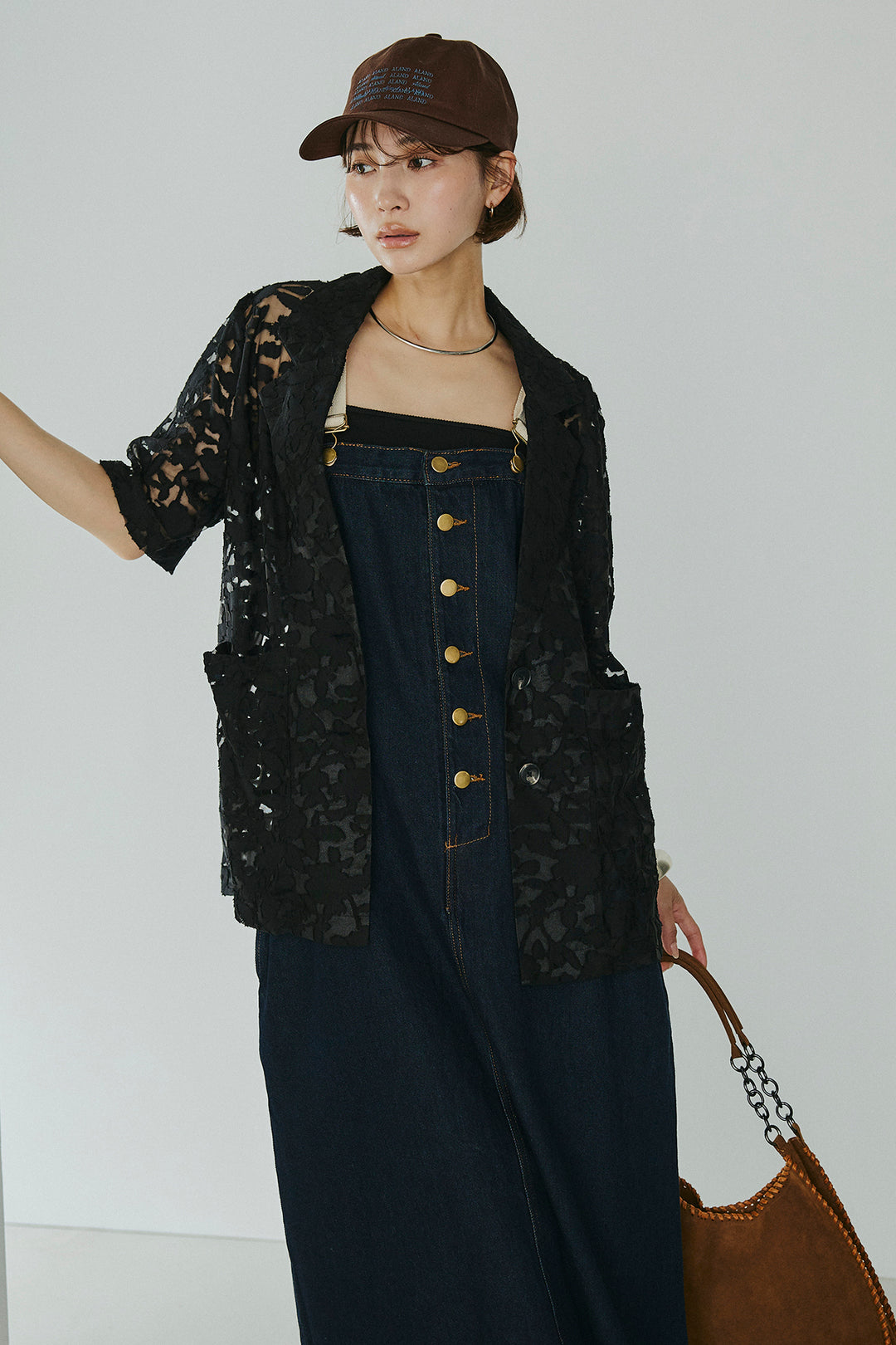 [SET]シアージャガードハーフスリーブテーラードジャケット+配色ショルダーデニムサロペットスカート(2set)