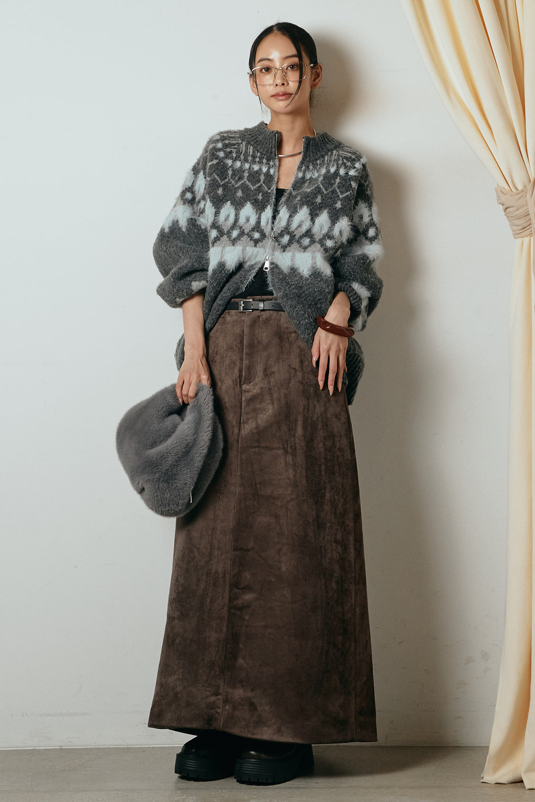 [SET]起毛ダブルジップパターンニットカーディガン+エコスウェードワイドスカート(2set)