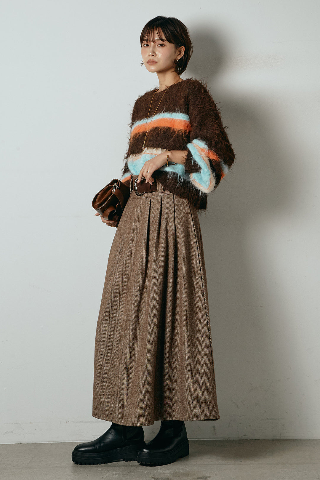 [SET]起毛配色マルチボーダーニットトップス+太ベルト付きヘリンボーンプリーツスカート(2set)