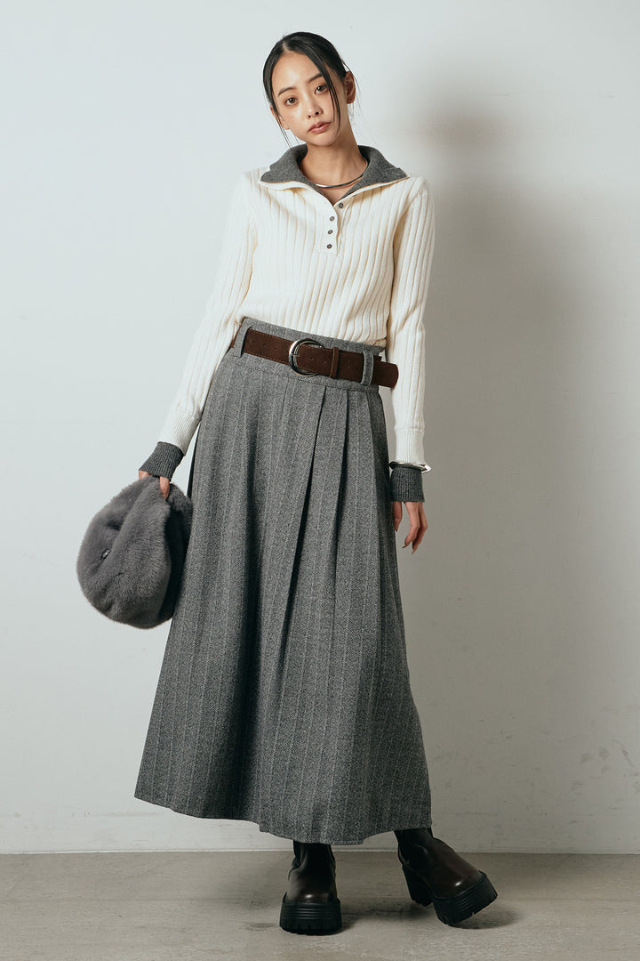 [SET]レイヤード風リブニットトップス+太ベルト付きヘリンボーンプリーツスカート(2set)