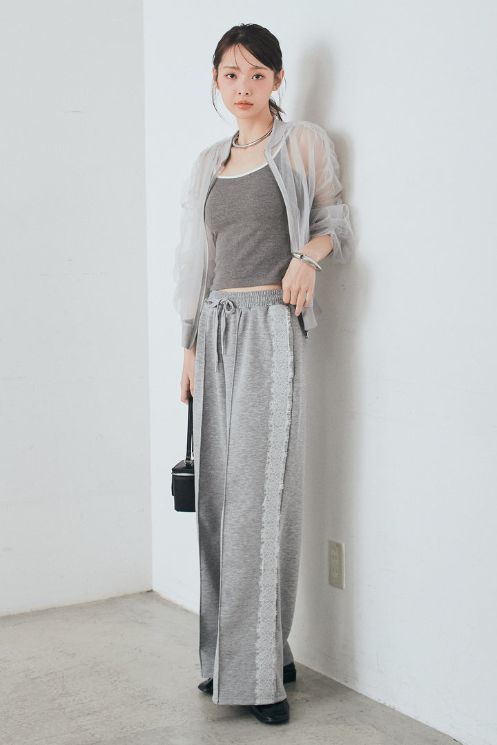 [SET]エアリーチュールスリーブシアーブルゾン+Wフェイスカットソーサイドレースラインパンツ(2set)