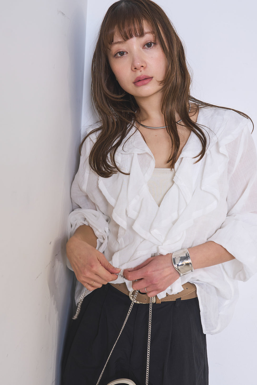 [SET]フリルボタンブラウス+ドライタフタタックバレルパンツ(2set)