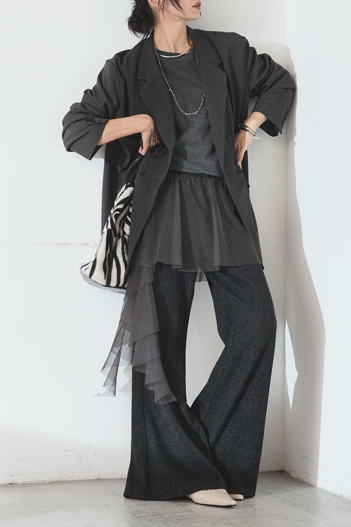 [SET]ルーズシルエットダブルテーラードジャケット+ストレッチロングTシャツ+チュールレイヤードニットパンツ(3set)