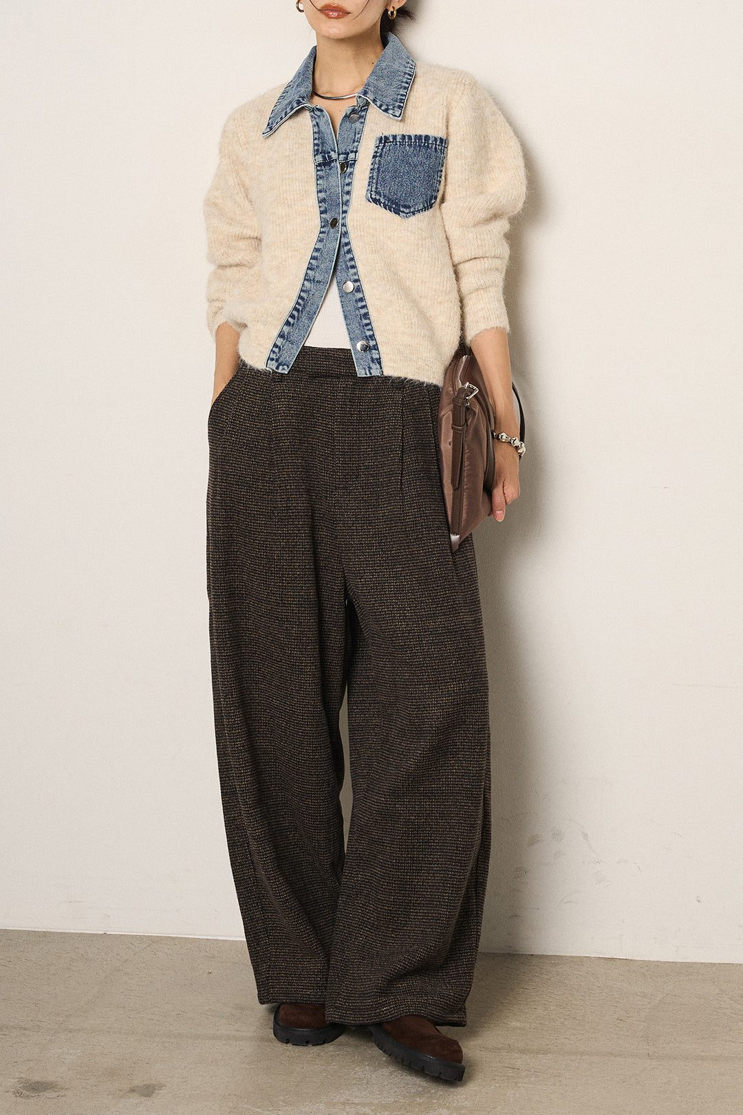 [SET]襟付きデニム切替ニットカーディガン+起毛タック入りツイードワイドパンツ(2set)