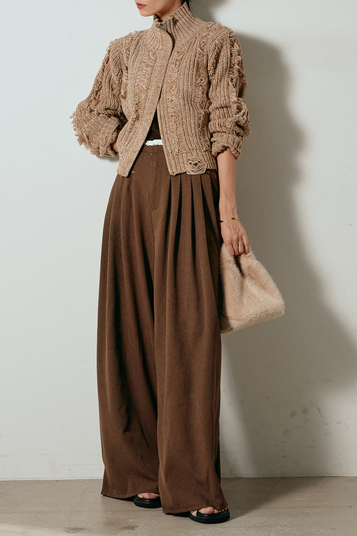 [SET]ハイネックフリンジジップニットトップス+ウエストステッチデザインワイドスラックス(2set)