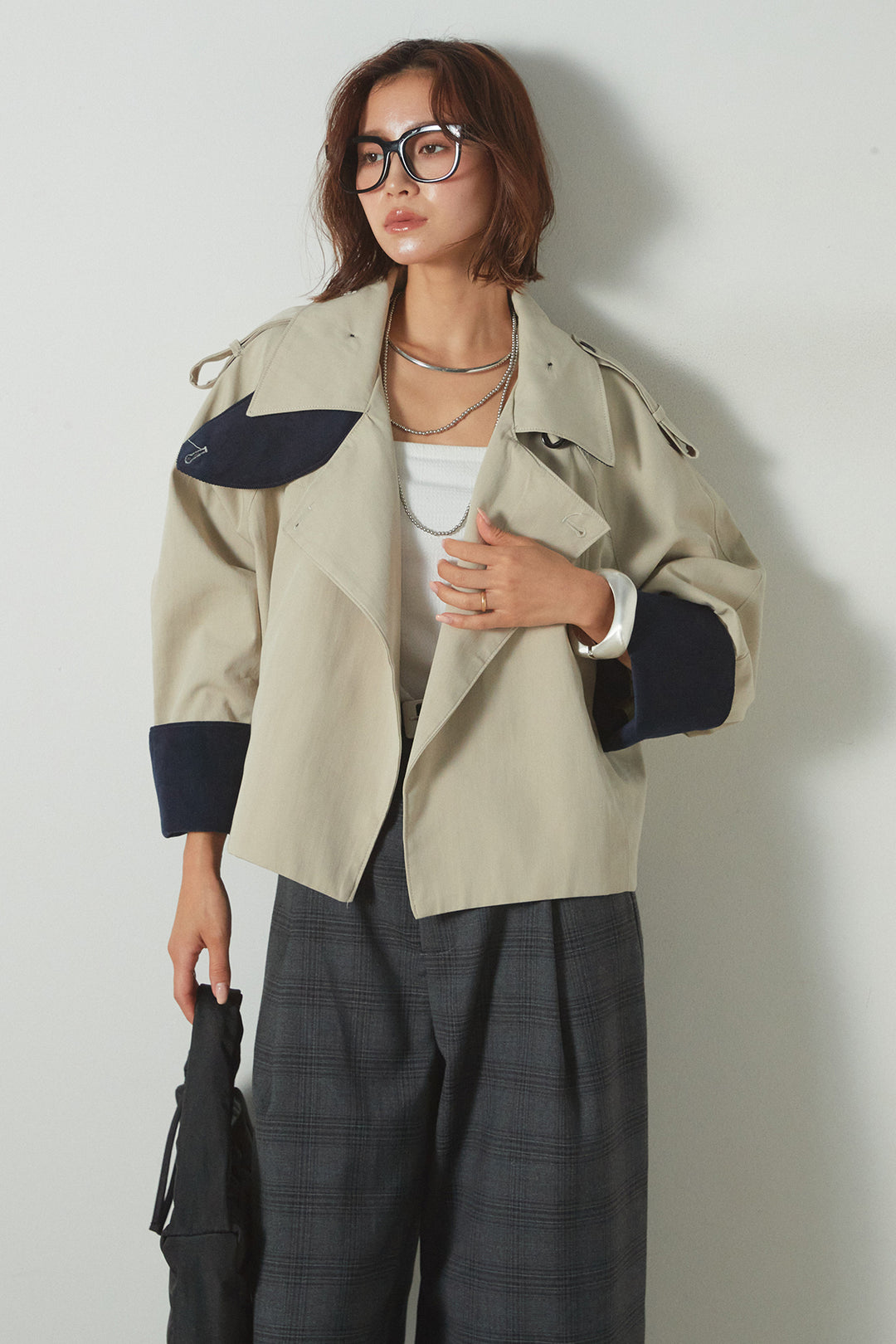 [SET]ハイネック配色ジャケット+フェイクレザーベルト付きタータンチェックパンツ(2set)