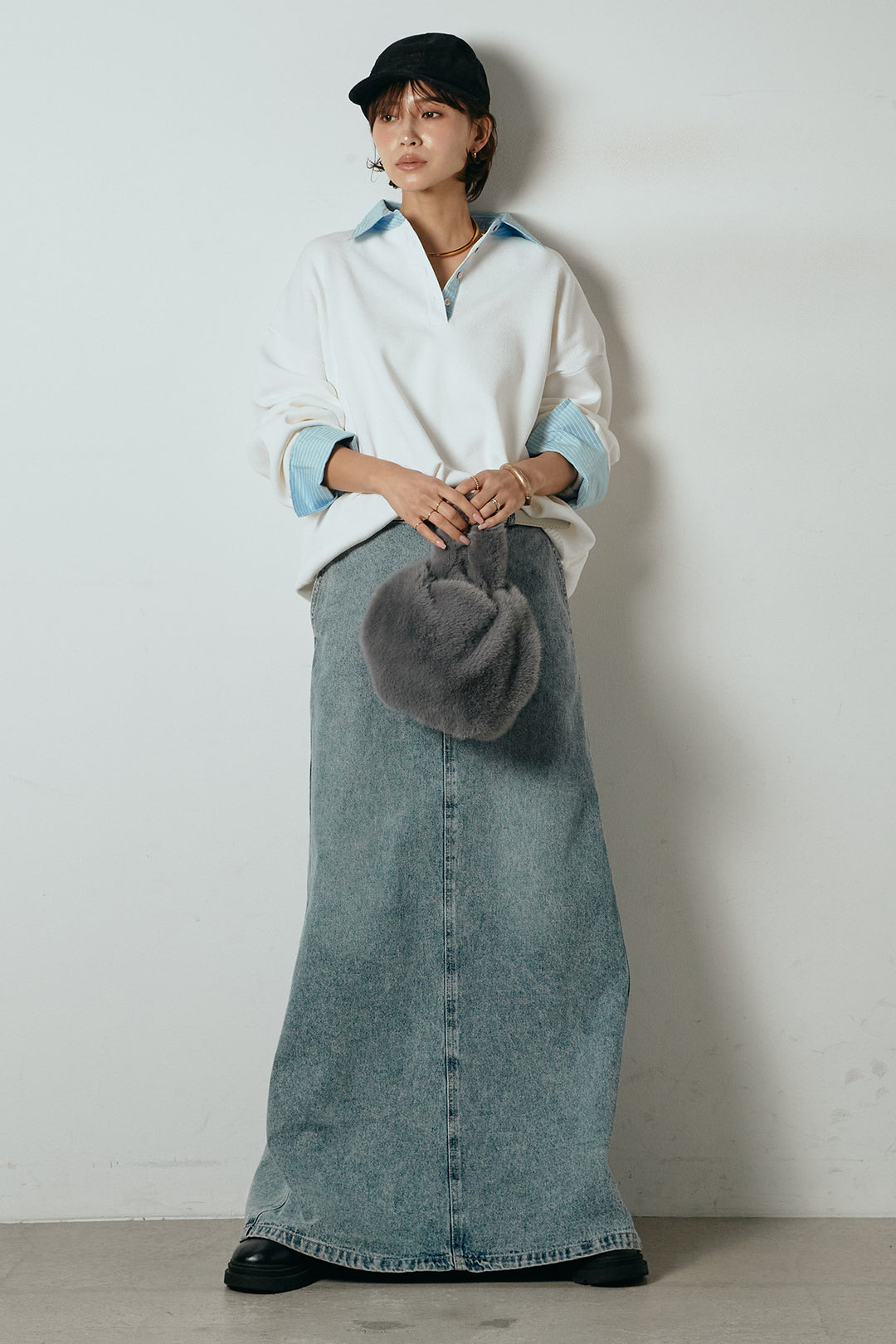 [SET]ストライプシャツドッキングポロトップス+デニムロングフレアスカート(2set)