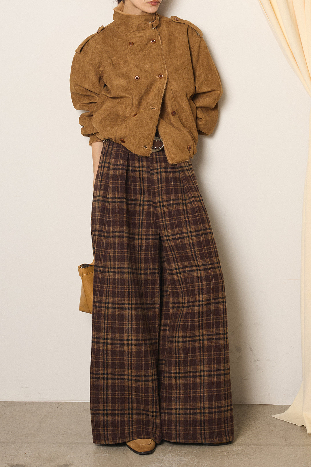 [SET]スタンド襟スウェードライクアウター+スタッズデザインベルトタータンチェックパンツ(2set)