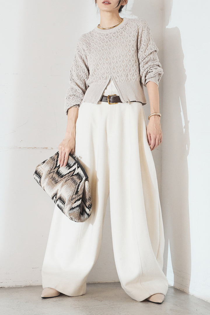 [SET]透かし編みニットジップスリットプルオーバー+ウールタッチカーブワイドパンツ(2set)