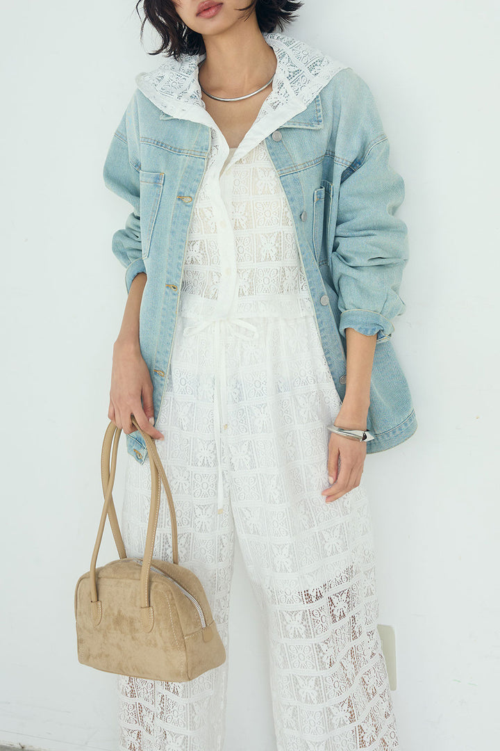 [SET]デニムオーバーサイズジャケット+パッチワークレースイージーパンツ+パッチワークレースショート丈フードシャツ(3set)