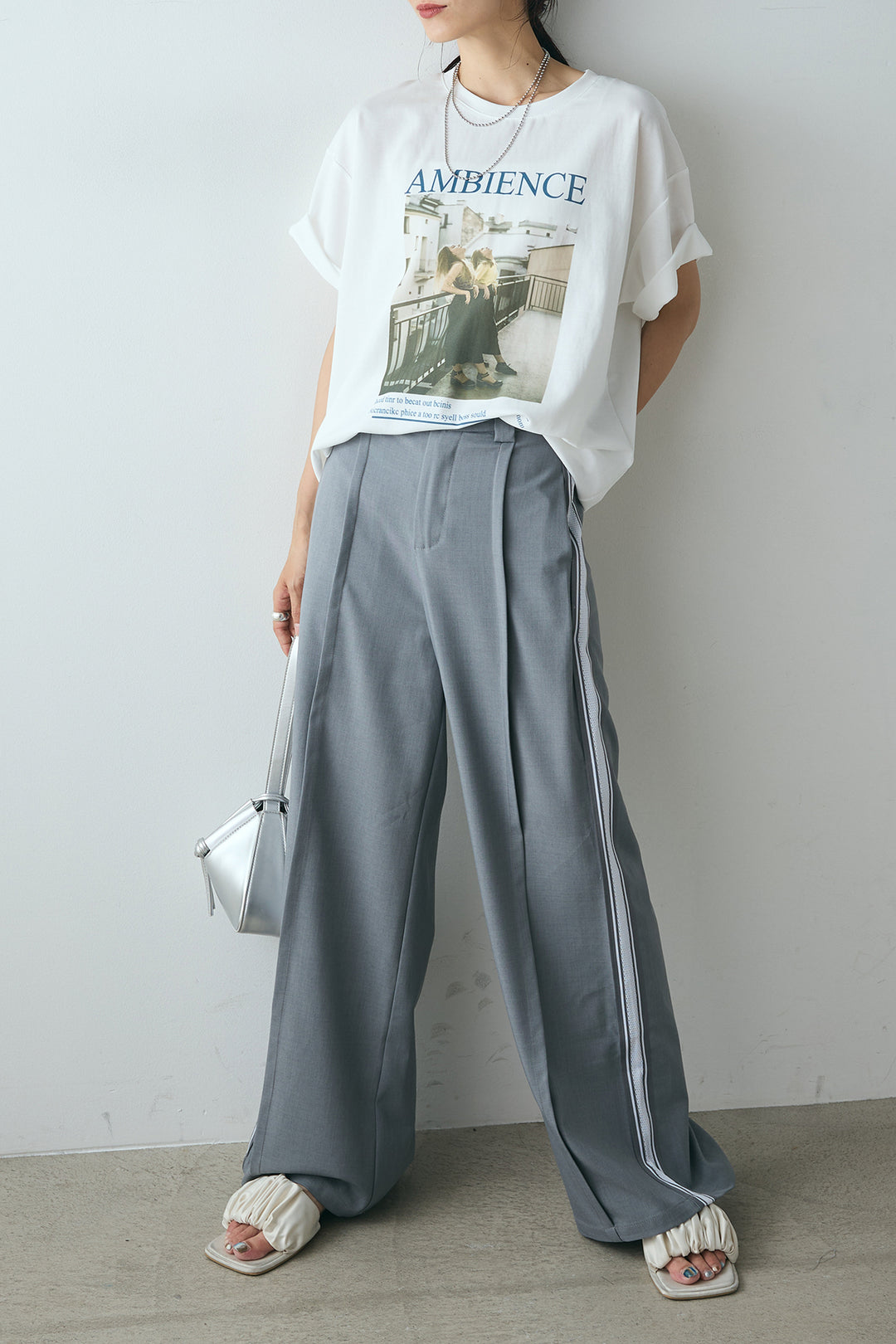 [SET]AMBIENCEフォトプリントTシャツ+サイドラインワイドスラックスパンツ(2set)