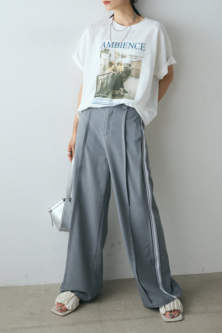 [SET]AMBIENCEフォトプリントTシャツ+サイドラインワイドスラックスパンツ(2set)