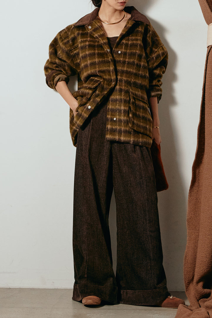 [SET]チェックシャギーミドルカバーオール+フェイクレザーベルト付きスウェードライクワイドパンツ(2set)