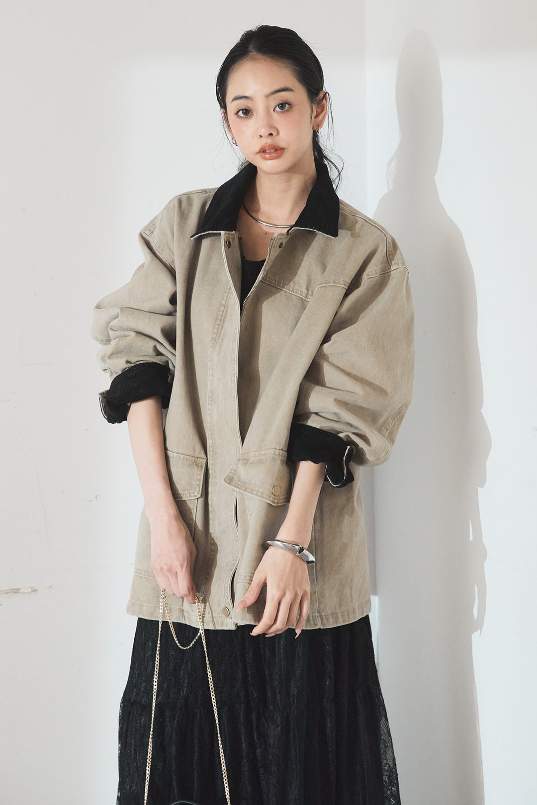 [SET]襟コーデュロイデザインデニム調カバーオール+ひげレース切替ロング丈スカート(2set)