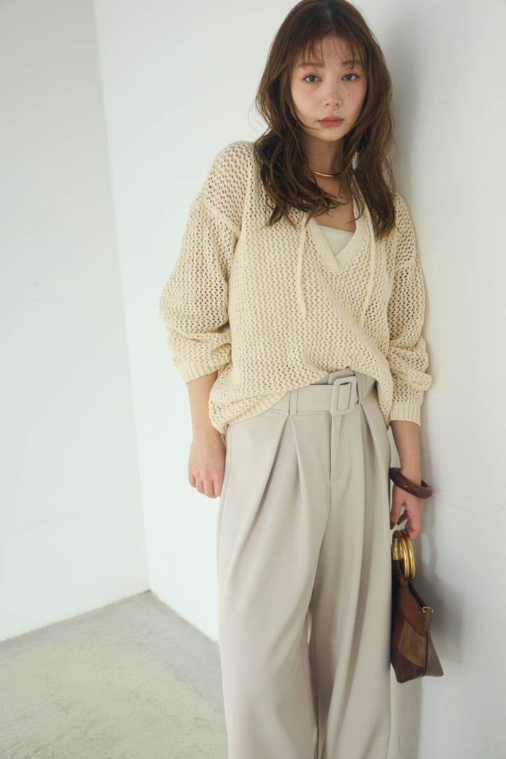 【即納】ミックスメッシュキーネックプルオーバー