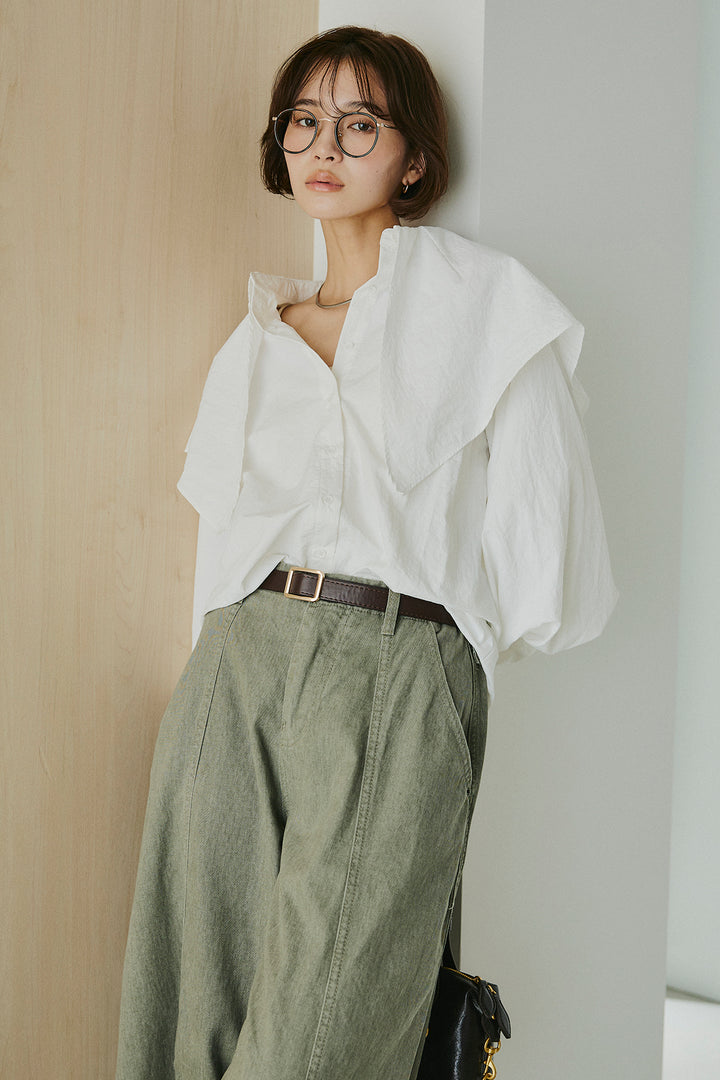 [SET]ケープカラーナイロンブラウス+サイドベルトカーブワイドパンツ(2set)