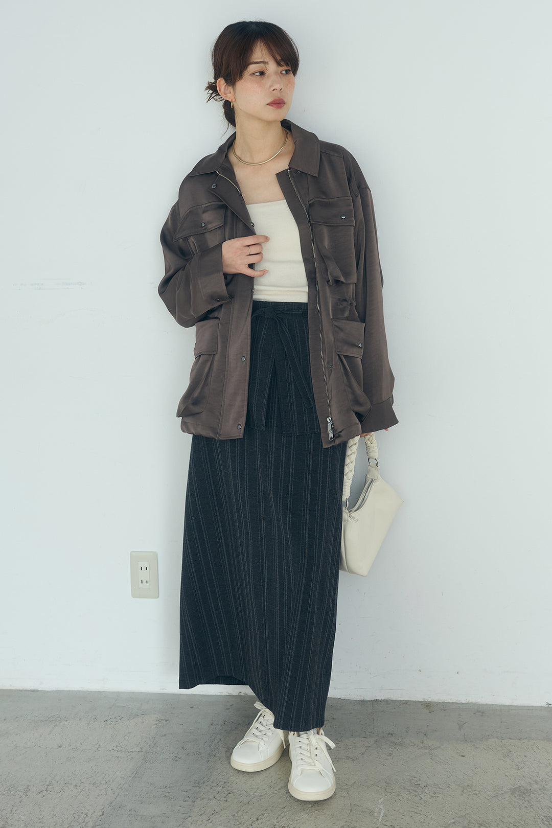 [SET]サテンライトブルゾン+ラップ巻きピンストライプワイドスカート(2set)