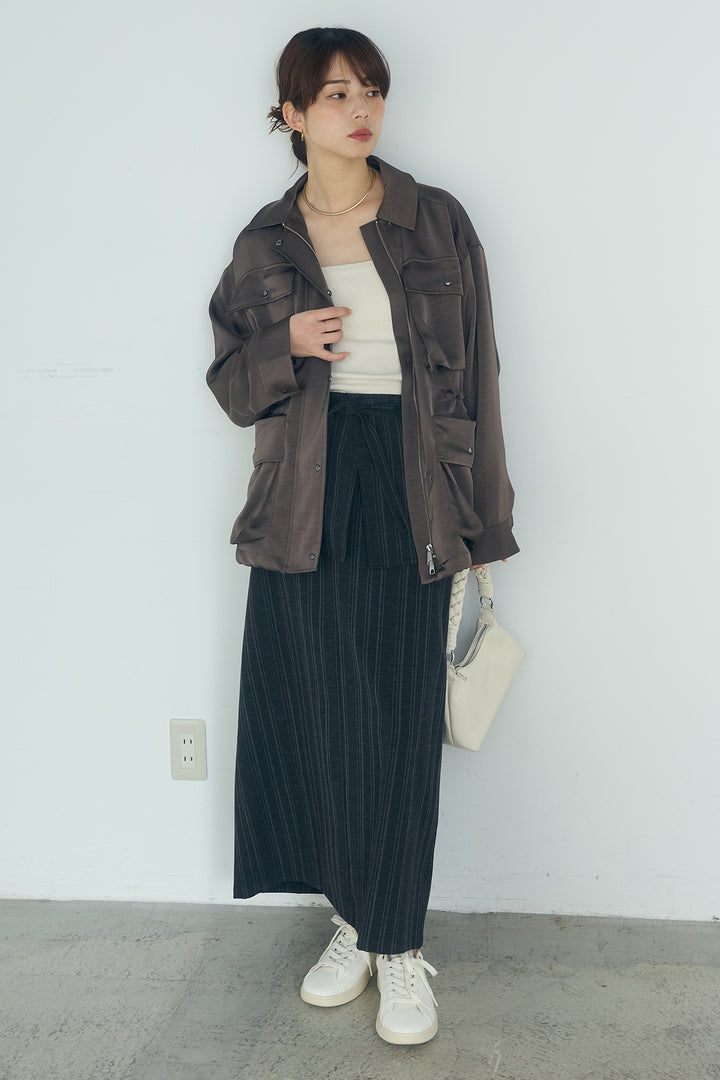 [SET]サテンライトブルゾン+ラップ巻きピンストライプワイドスカート(2set)