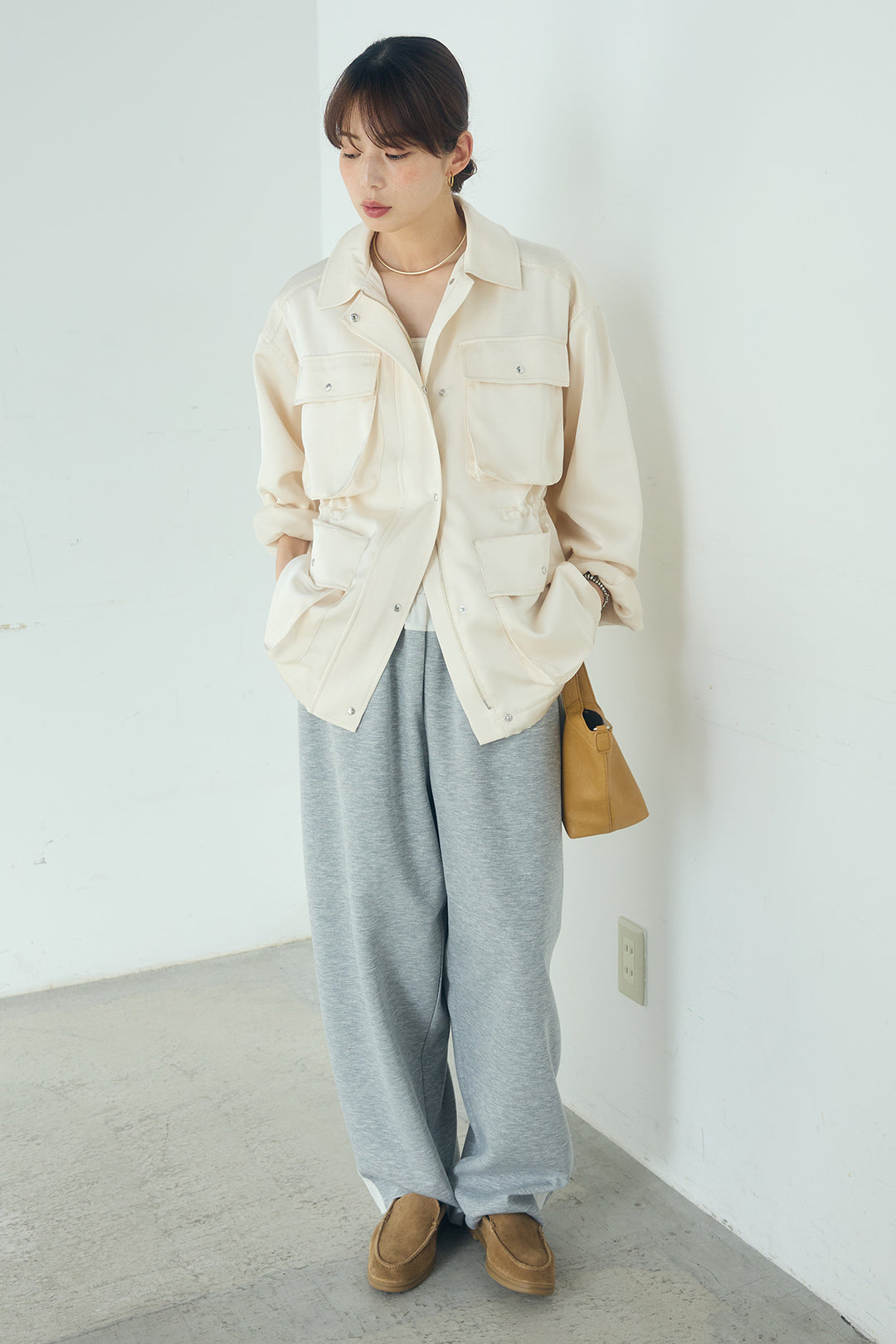 [SET]サテンライトブルゾン+異素材切り替えスウェットパンツ(2set)