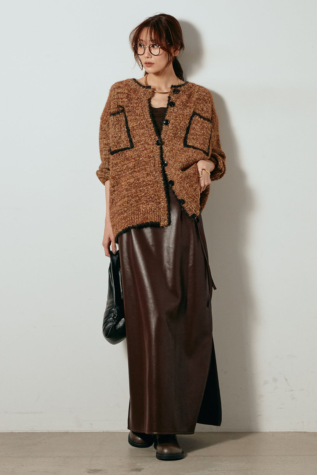 [SET]ミックスニットポケットカーディガン+紐付きフェイクレザーワイドスカート(2set)