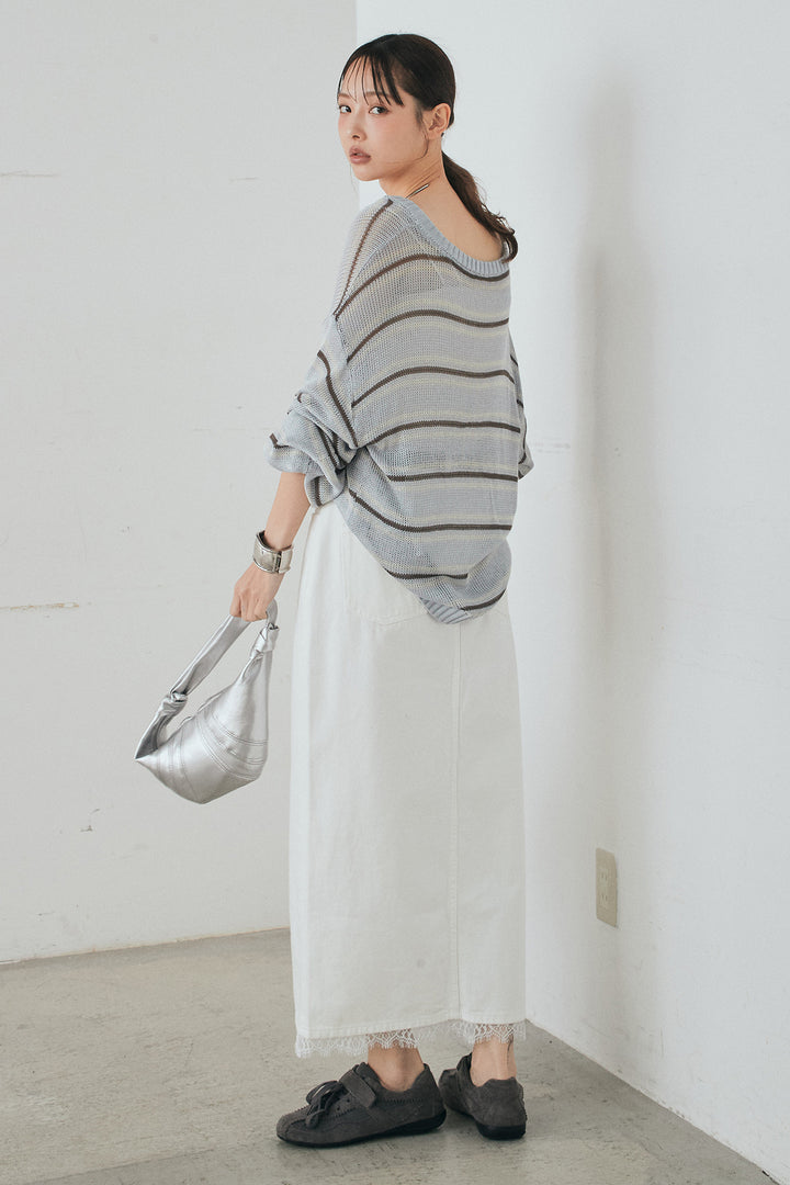 [SET]綿タッチVネックボーダートップス+裾レースデザインデニムスカート(2set)