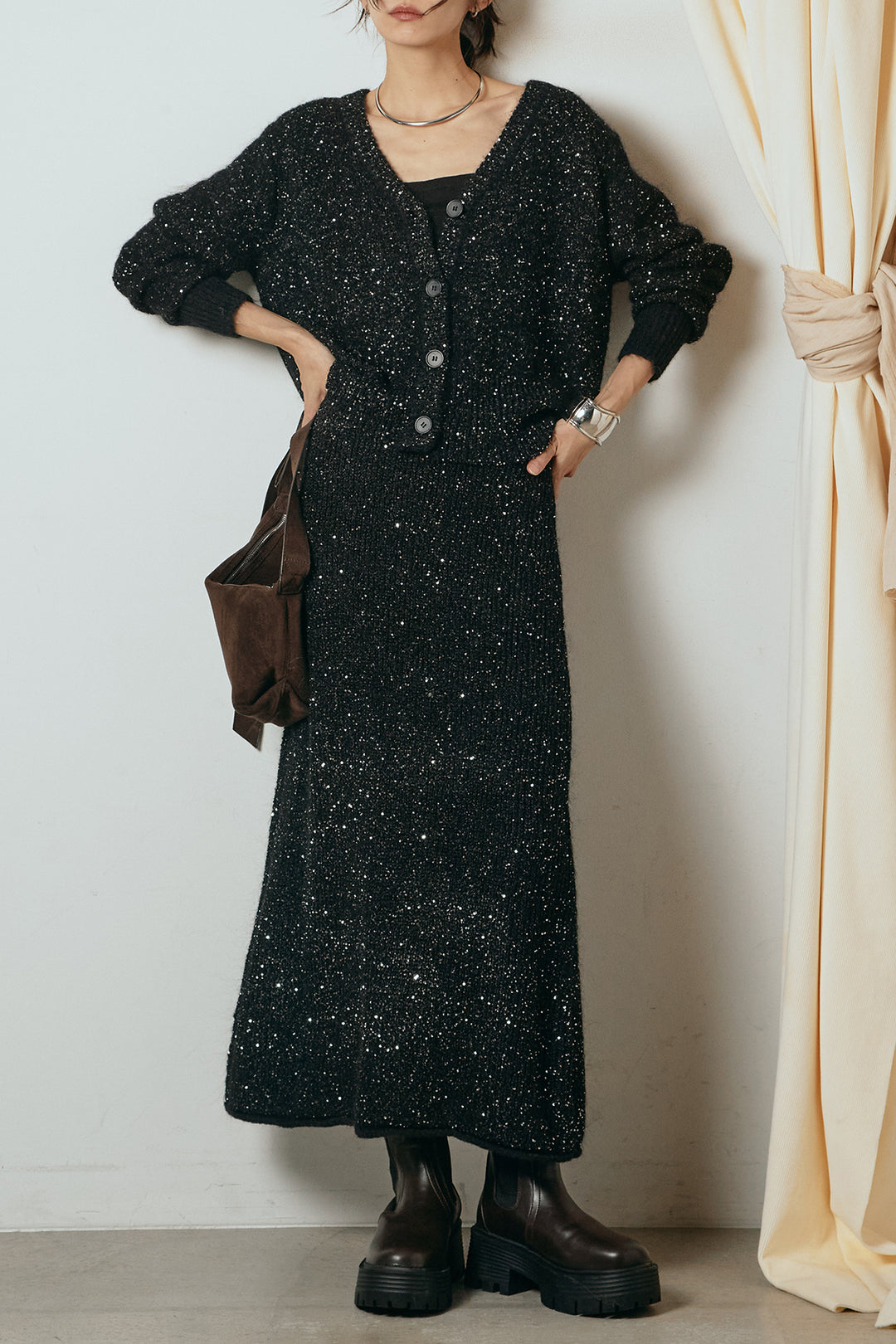 [SET]ミニラメニットカーディガン+ミニラメニットスカート(2set)