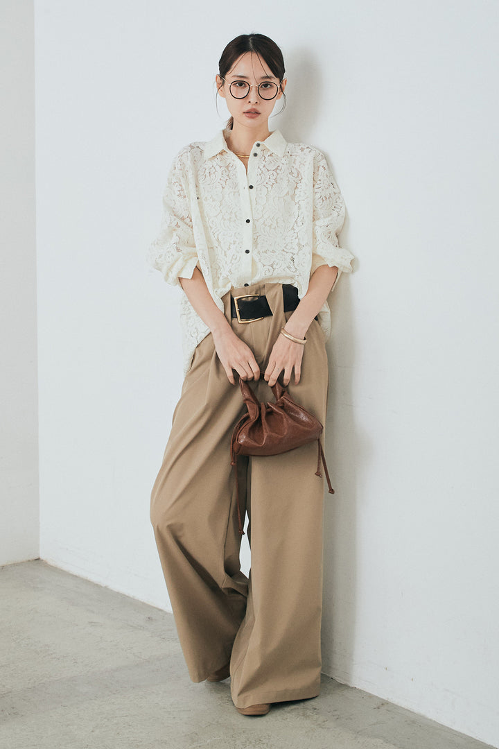 [SET]レース裾スカラップシャツ+ベルトループデザインハイウエストタックパンツ(2set)