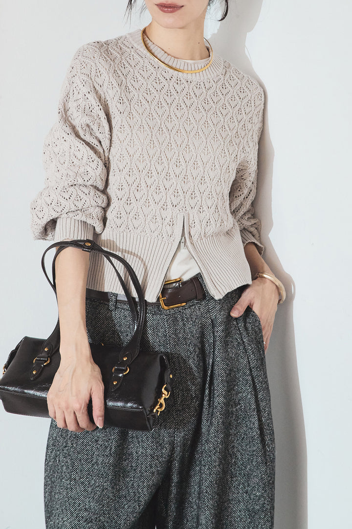 [SET]透かし編みニットジップスリットプルオーバー+タックツイードワイドパンツ(2set)