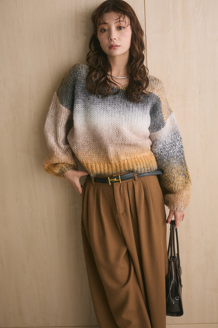 [SET]ミックスグラデーションVネックニット+ゴールドバックルベルト付きタックワイドパンツ(2set)
