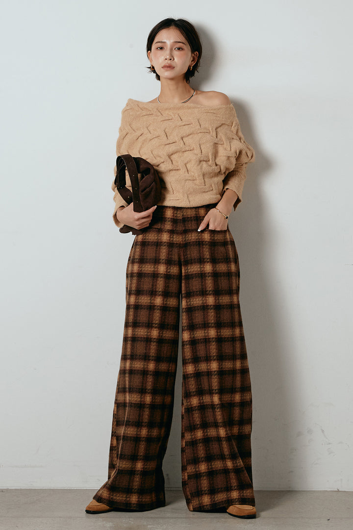 [SET]ボートネックニットトップス+ルーズタータンチェックワイドパンツ(2set)
