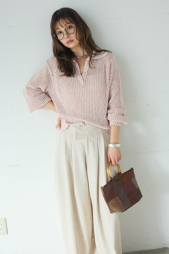 [SET]ミックスメッシュポロニット+麻混タックワイドパンツ(2set)