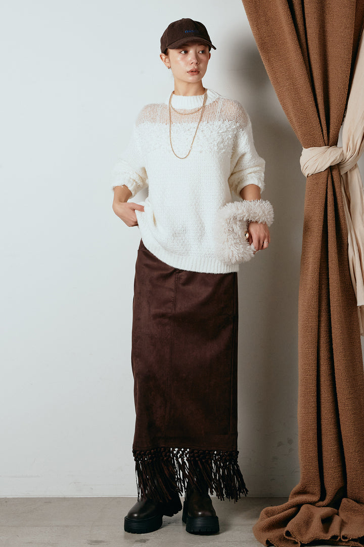 [SET]パターンランダム編みニットトップス+スウェードライク裾フリンジスカート(2set)