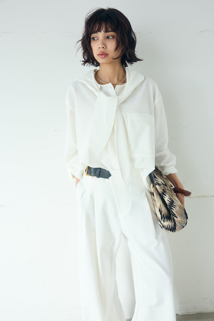 [SET]無地タイ付フーディーBIGシャツ+サイドベルトタック入りスラックス(2set)