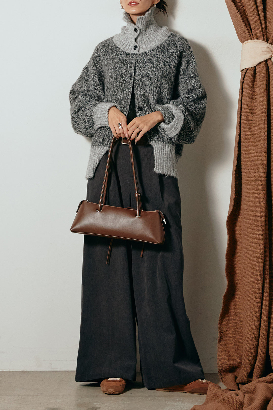 [SET]ハイネックミックスニットトップス+太ベルト付きコーデュロイタックパンツ(2set)