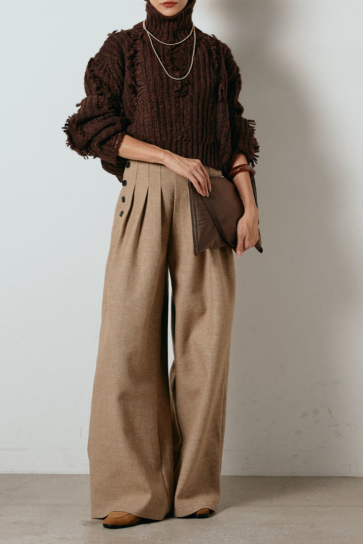 [SET]フリンジタートルショートニット+サイドボタンツイードタックパンツ(2set)