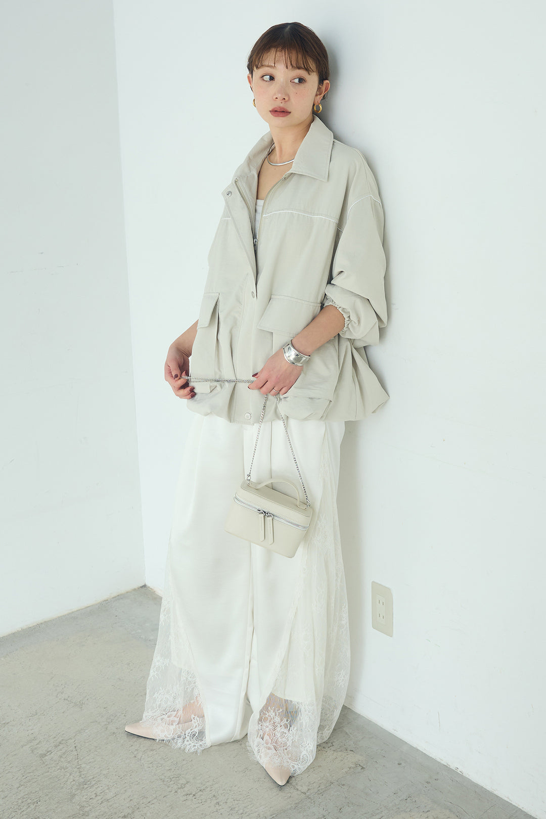 [SET]合繊ツイルバルーンジャケット+サテンレース切り替えタックパンツ(2set)
