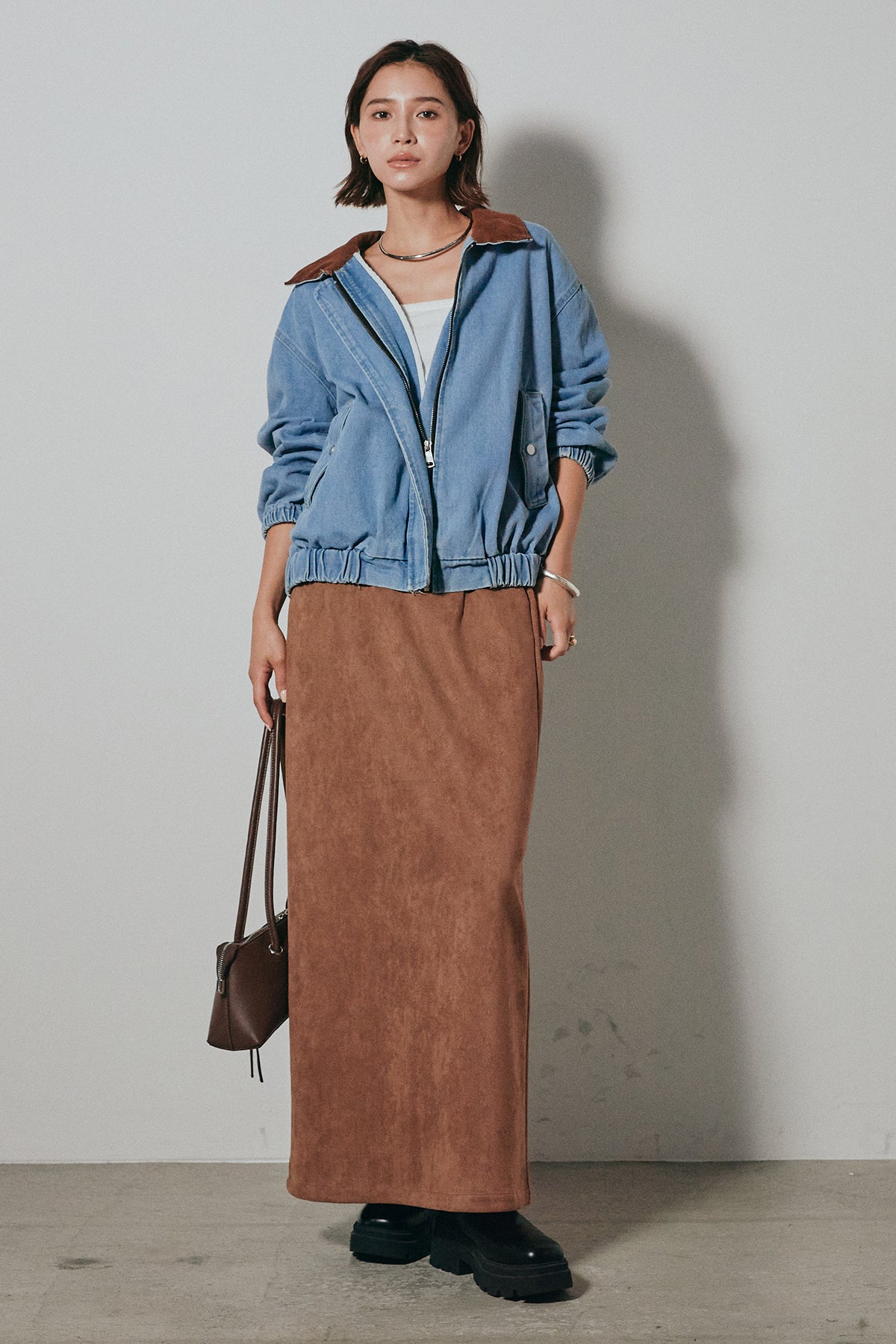 SET]コーデュロイ襟デニムブルゾン+フェイクスウェードタイトスカート