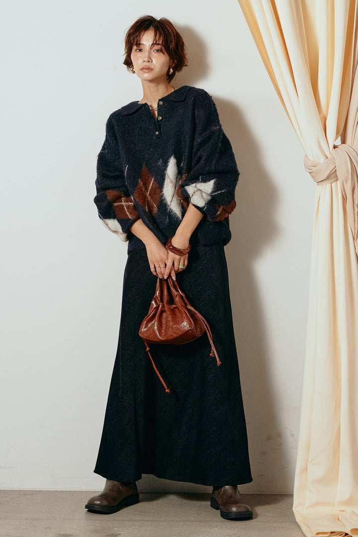 [SET]アーガイル柄ポロニットトップス+スウェードライクロングスカート(2set)