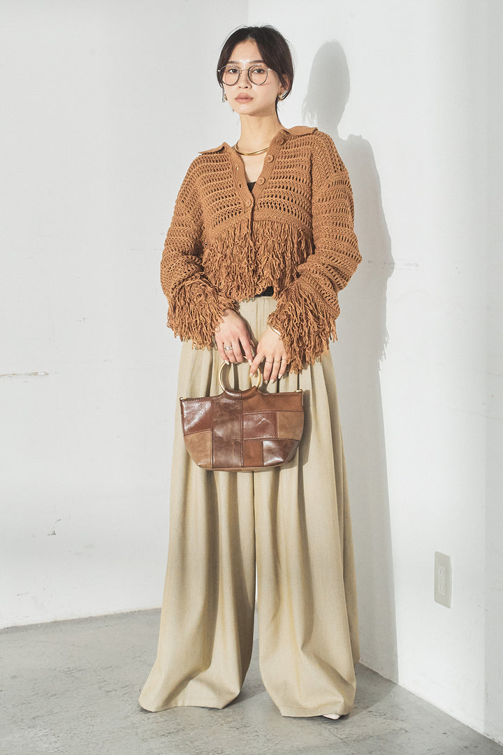 [SET]メッシュフリンジカーディガン+編みベルト付きウエストタックワイドパンツ(2set)