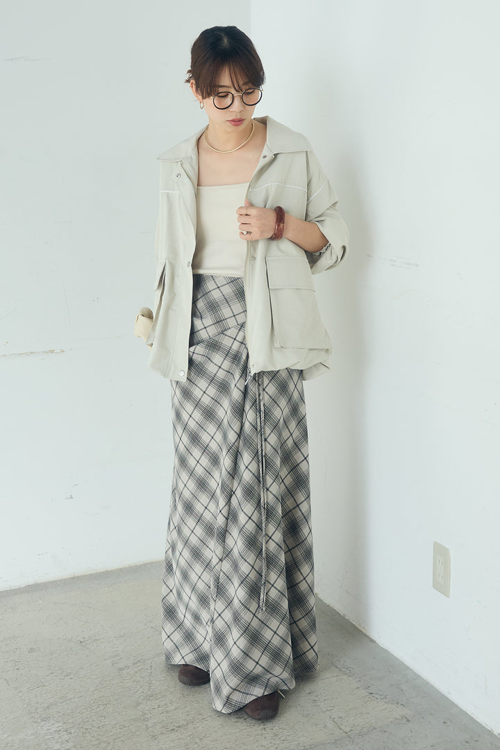 [SET]合繊ツイルバルーンジャケット+タータンチェック柄フロントデザインスカート(2set)