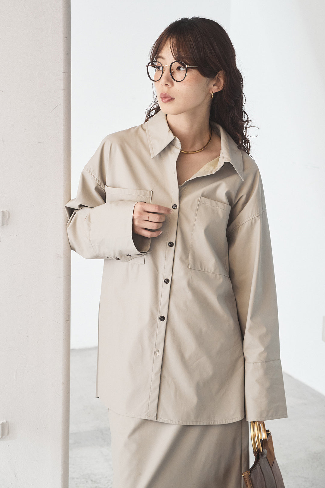 [SET]ウォッシャブルエコレザービックカフスシャツ+ウォッシャブルエコレザーナロースカート(2set)