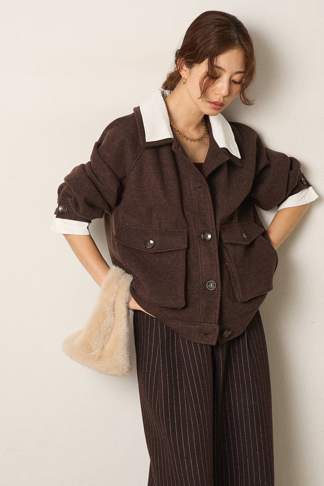 [SET]衿レイヤードフェイクウールジャケット+ウールライクストライプパンツ(2set)