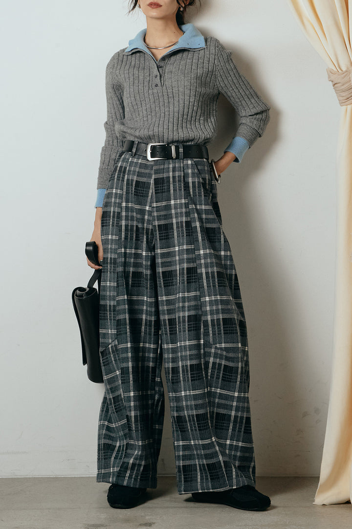 [SET]レイヤード風リブニットトップス+ベルト付きタータンチェックカーブワイドパンツ(2set)