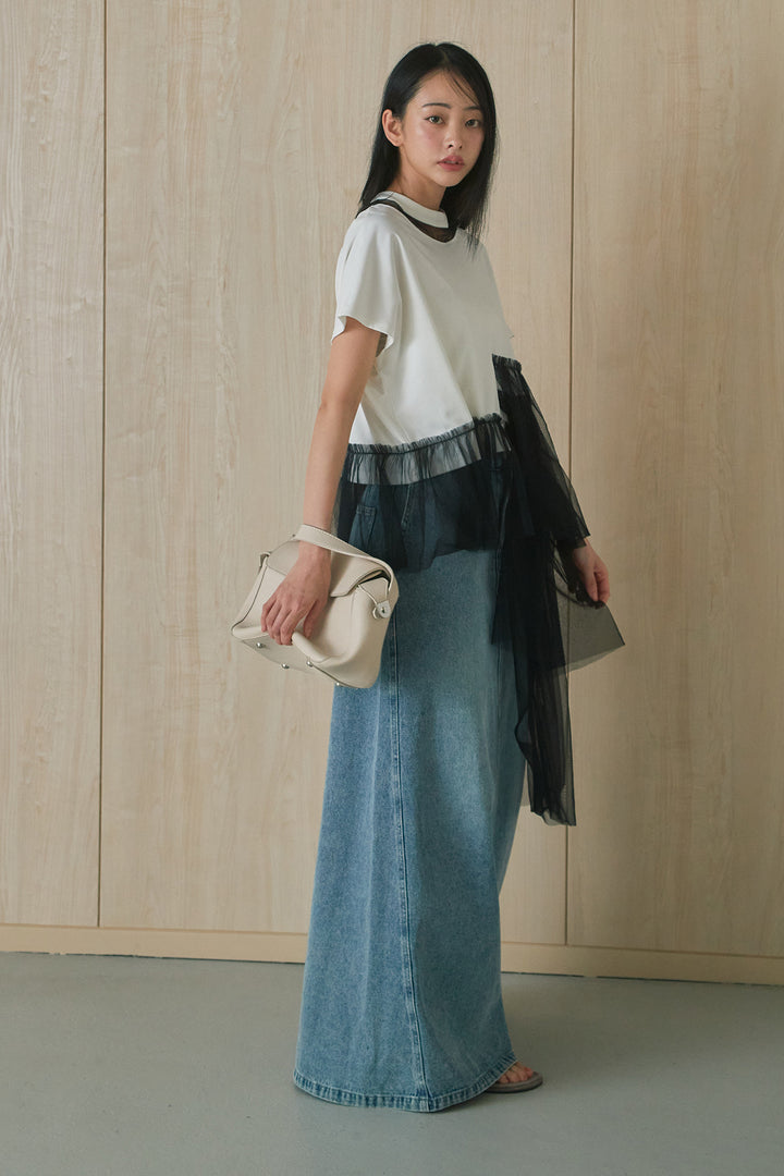 [SET]アシンメトリーチュールフリルTシャツ+デニムロングフレアスカート(2set)