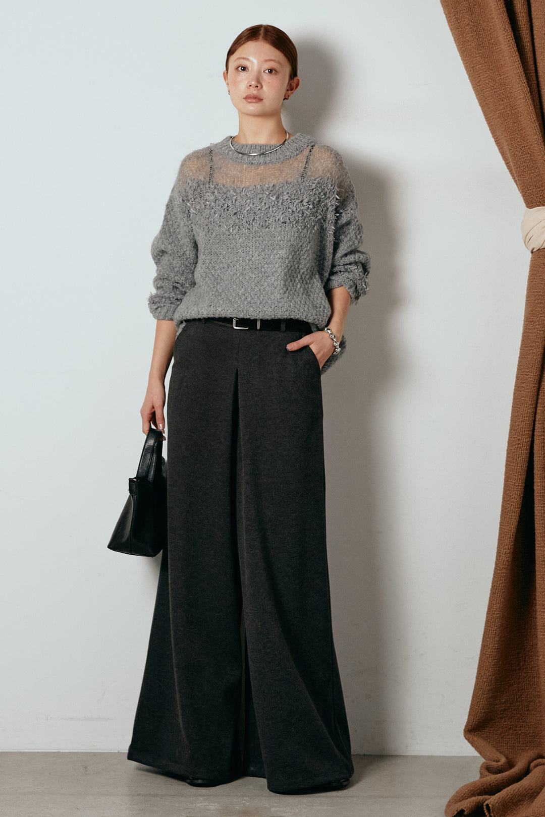 [SET]パターンランダム編みニットトップス+ベルト付きフロントタックデザインパンツ(2set)