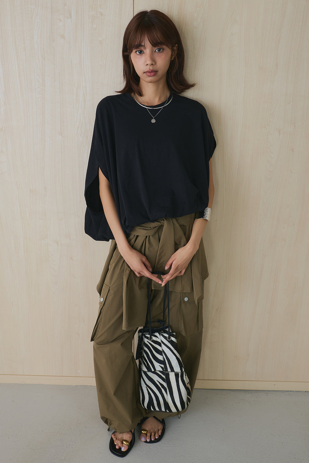 [SET]オーバークロップバルーンカットソー+ウエスト巻き風カーゴパンツ(2set)