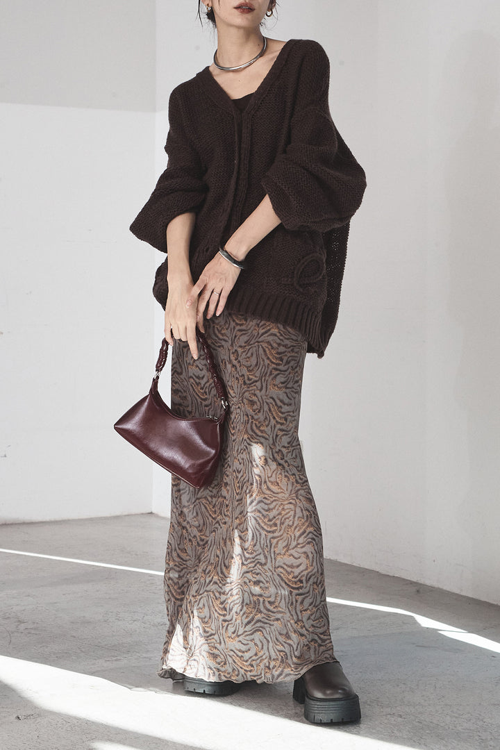 [SET]コード刺繍リラックスニットカーディガン+抽象柄ロングスカート(2set)