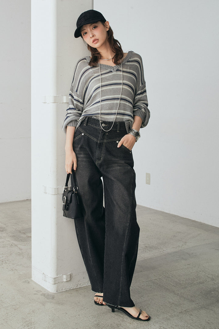 [SET]綿タッチVネックボーダートップス+デニムヨークパンツ(2set)